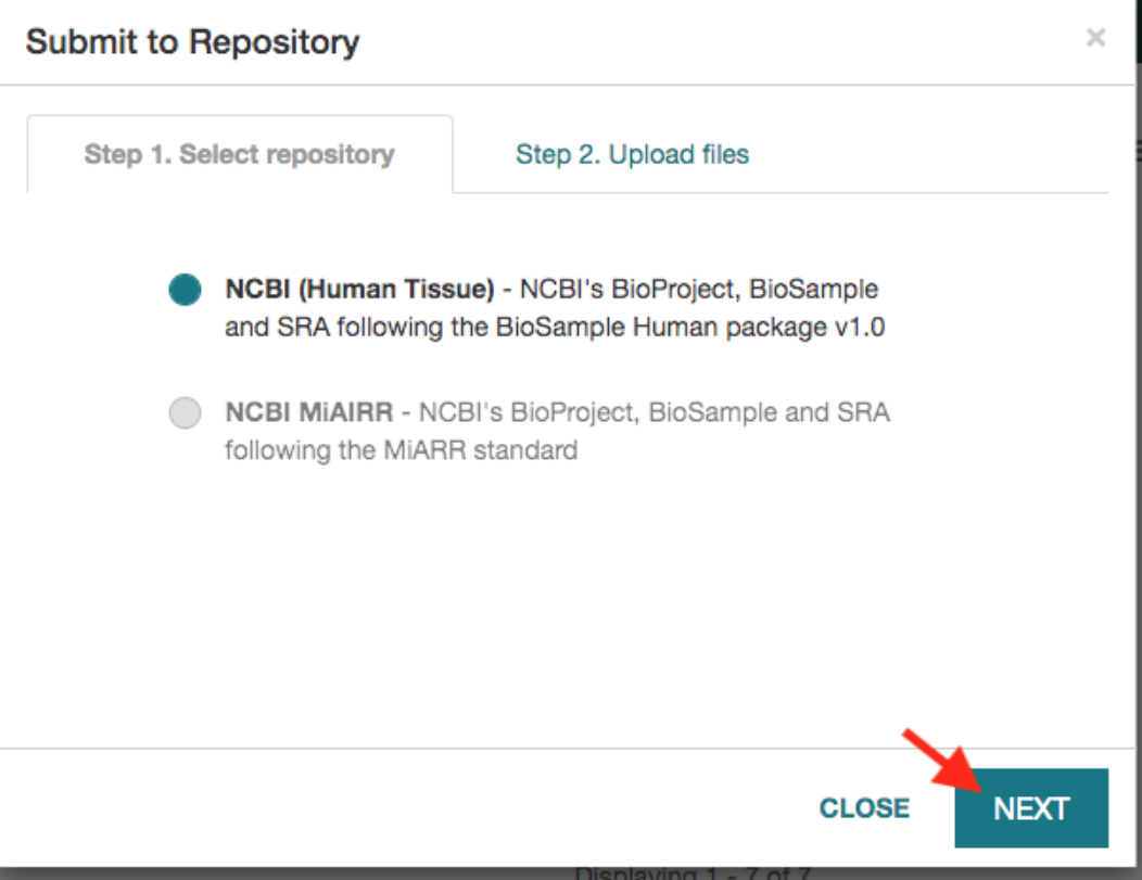 Submission to Repository window with NCBI Human Tissue selected as default